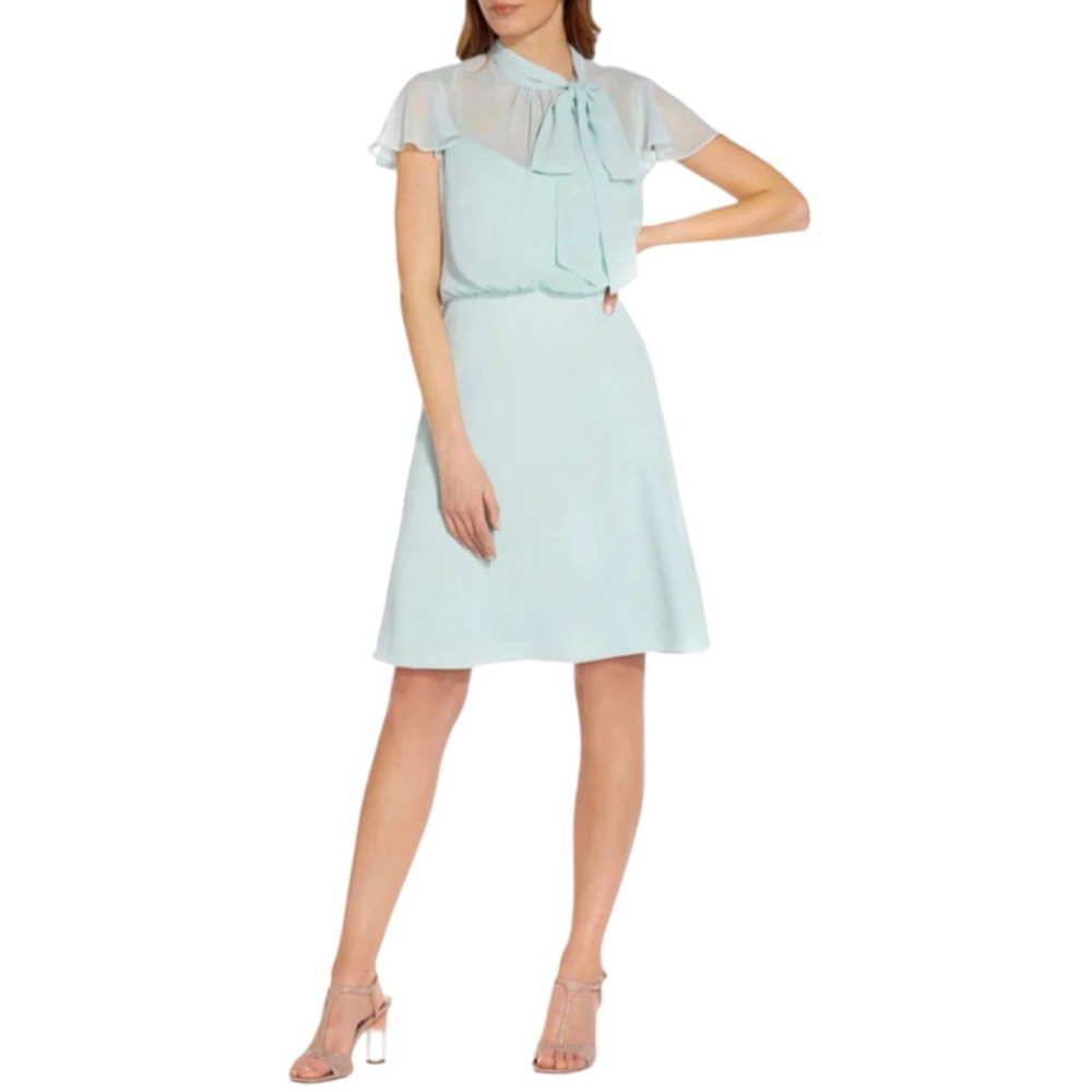Adrianna Papell Tie Neck Dress Mint Smoke Short Sleeve Chiffon Overlay Size 8